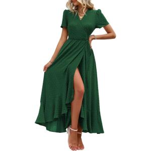 PRETTYGARDEN Women’s Boho Floral Maxi Dress Summer Short Sleeve Wrap V Neck Long Flowy Beach Vacation Wedding Guest Dresses(Z_dark Green)