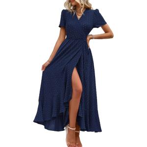 PRETTYGARDEN Women’s Boho Floral Maxi Dress Summer Short Sleeve Wrap V Neck Long Flowy Beach Vacation Wedding Guest Dresses(Z_navy)