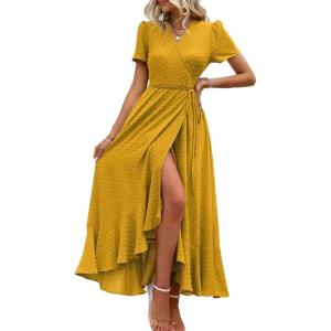 PRETTYGARDEN Women’s Boho Floral Maxi Dress Summer Short Sleeve Wrap V Neck Long Flowy Beach Vacation Wedding Guest Dresses(Z_turmeric)