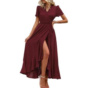 PRETTYGARDEN Women’s Boho Floral Maxi Dress Summer Short Sleeve Wrap V Neck Long Flowy Beach Vacation Wedding Guest Dresses(Z_wine Red)