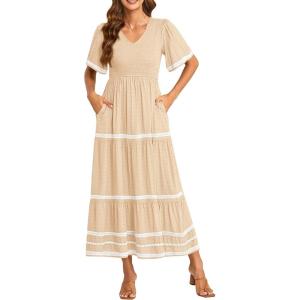 PRETTYGARDEN Women’s Casual Summer Maxi Dress Short Sleeve Swiss Dot V Neck Smocked Long Flowy Beach Dresses(Apricot)