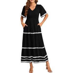 PRETTYGARDEN Women’s Casual Summer Maxi Dress Short Sleeve Swiss Dot V Neck Smocked Long Flowy Beach Dresses(Black)