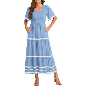 PRETTYGARDEN Women’s Casual Summer Maxi Dress Short Sleeve Swiss Dot V Neck Smocked Long Flowy Beach Dresses(Light Blue)