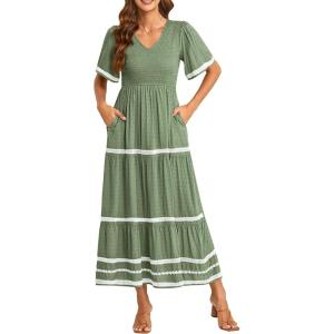 PRETTYGARDEN Women’s Casual Summer Maxi Dress Short Sleeve Swiss Dot V Neck Smocked Long Flowy Beach Dresses(Light Green)