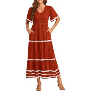 PRETTYGARDEN Women’s Casual Summer Maxi Dress Short Sleeve Swiss Dot V Neck Smocked Long Flowy Beach Dresses(Orange Red)