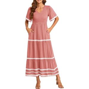 PRETTYGARDEN Women’s Casual Summer Maxi Dress Short Sleeve Swiss Dot V Neck Smocked Long Flowy Beach Dresses(Pink)