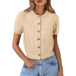 PRETTYGARDEN Womens Casual Summer Short Sleeve Cardigans 2025 Button Down Knitted Sweater Basic Crew Neck Crop Tops(Beige)
