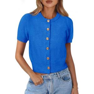 PRETTYGARDEN Womens Casual Summer Short Sleeve Cardigans 2025 Button Down Knitted Sweater Basic Crew Neck Crop Tops(Blue)