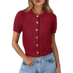 PRETTYGARDEN Womens Casual Summer Short Sleeve Cardigans 2025 Button Down Knitted Sweater Basic Crew Neck Crop Tops(Wine Red)