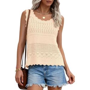 PRETTYGARDEN Womens Crochet Tank Tops 2026 Summer Spring Boho Sleeveless Cute Knit Sweater Vest Trendy Beach Vacation Clothes(Beige)