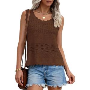 PRETTYGARDEN Womens Crochet Tank Tops 2026 Summer Spring Boho Sleeveless Cute Knit Sweater Vest Trendy Beach Vacation Clothes(Brown)