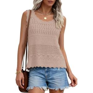 PRETTYGARDEN Womens Crochet Tank Tops 2026 Summer Spring Boho Sleeveless Cute Knit Sweater Vest Trendy Beach Vacation Clothes(Khaki)