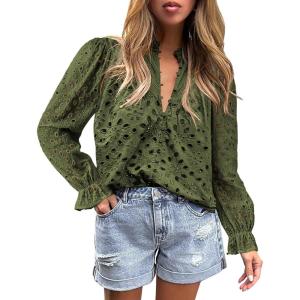 PRETTYGARDEN Women’s Dressy Casual Blouse Tops Fall Spring Puff Long Sleeve Button V Neck Hollow Out Lace Embroidered Shirts(Army Green)