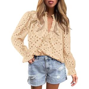 PRETTYGARDEN Women’s Dressy Casual Blouse Tops Fall Spring Puff Long Sleeve Button V Neck Hollow Out Lace Embroidered Shirts(Beige)