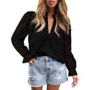 PRETTYGARDEN Women’s Dressy Casual Blouse Tops Fall Spring Puff Long Sleeve Button V Neck Hollow Out Lace Embroidered Shirts(Black)