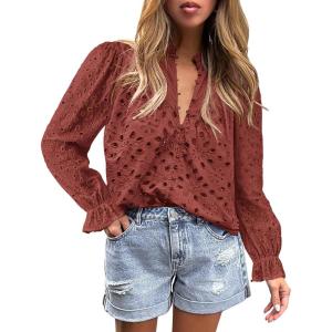 PRETTYGARDEN Women’s Dressy Casual Blouse Tops Fall Spring Puff Long Sleeve Button V Neck Hollow Out Lace Embroidered Shirts(Brown Red)