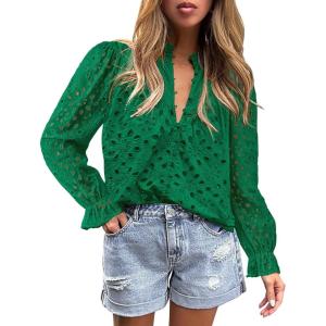 PRETTYGARDEN Women’s Dressy Casual Blouse Tops Fall Spring Puff Long Sleeve Button V Neck Hollow Out Lace Embroidered Shirts(Dark Green)