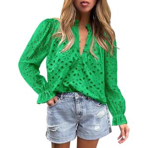PRETTYGARDEN Women’s Dressy Casual Blouse Tops Fall Spring Puff Long Sleeve Button V Neck Hollow Out Lace Embroidered Shirts(Green)
