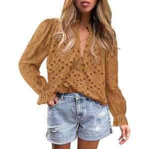 PRETTYGARDEN Women’s Dressy Casual Blouse Tops Fall Spring Puff Long Sleeve Button V Neck Hollow Out Lace Embroidered Shirts(Khaki)