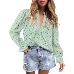 PRETTYGARDEN Women’s Dressy Casual Blouse Tops Fall Spring Puff Long Sleeve Button V Neck Hollow Out Lace Embroidered Shirts(Light Green)