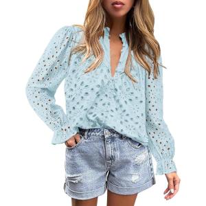 PRETTYGARDEN Women’s Dressy Casual Blouse Tops Fall Spring Puff Long Sleeve Button V Neck Hollow Out Lace Embroidered Shirts(Mint Green)