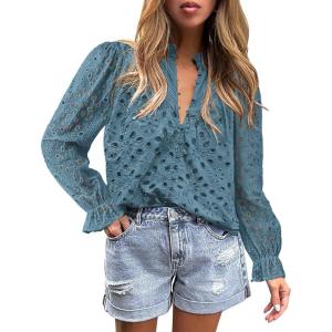 PRETTYGARDEN Women’s Dressy Casual Blouse Tops Fall Spring Puff Long Sleeve Button V Neck Hollow Out Lace Embroidered Shirts(Mist Blue)