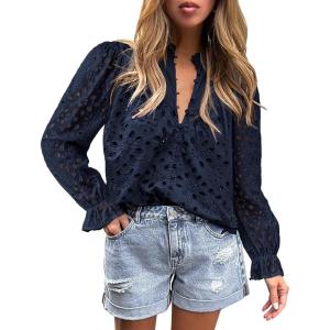 PRETTYGARDEN Women’s Dressy Casual Blouse Tops Fall Spring Puff Long Sleeve Button V Neck Hollow Out Lace Embroidered Shirts(Navy)
