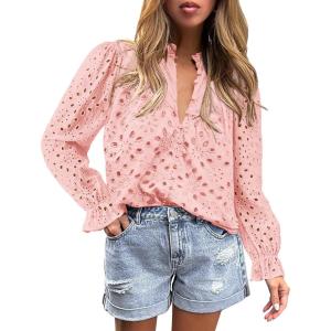 PRETTYGARDEN Women’s Dressy Casual Blouse Tops Fall Spring Puff Long Sleeve Button V Neck Hollow Out Lace Embroidered Shirts(Pink)