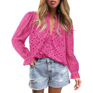 PRETTYGARDEN Women’s Dressy Casual Blouse Tops Fall Spring Puff Long Sleeve Button V Neck Hollow Out Lace Embroidered Shirts(Rose Red)