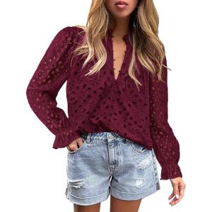 PRETTYGARDEN Women’s Dressy Casual Blouse Tops Fall Spring Puff Long Sleeve Button V Neck Hollow Out Lace Embroidered Shirts(Wine Red)