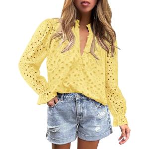 PRETTYGARDEN Women’s Dressy Casual Blouse Tops Fall Spring Puff Long Sleeve Button V Neck Hollow Out Lace Embroidered Shirts(Yellow)