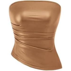PRETTYGARDEN Women’s Faux Leather Tube Tops 2025 Summer Strapless Asymmetrical Ruched Bandeau Shirts Going Out Club Outfits(Light Brown)