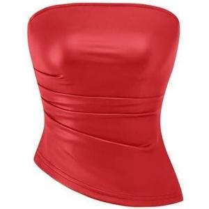 PRETTYGARDEN Women’s Faux Leather Tube Tops 2025 Summer Strapless Asymmetrical Ruched Bandeau Shirts Going Out Club Outfits(Red)