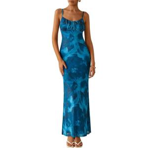 PRETTYGARDEN Women’s Floral Bodycon Maxi Dress Summer Beach Sundress Sleeveless Spaghetti Strap Wedding Guest Dress(Lake Blue Floral)
