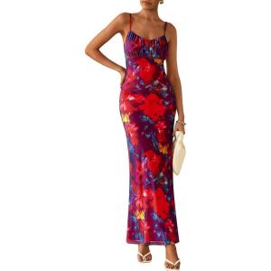 PRETTYGARDEN Women’s Floral Bodycon Maxi Dress Summer Beach Sundress Sleeveless Spaghetti Strap Wedding Guest Dress(Navy Red Floral)