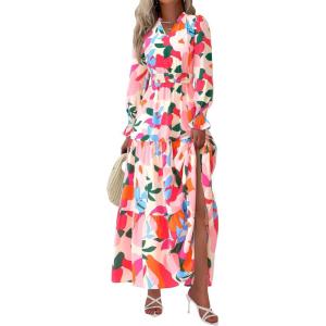 PRETTYGARDEN Women’s Floral Maxi Dress 2026 Fall Long Sleeve V Neck A Line Long Flowy Spring Party Boho Dresses(Floral Apricot Rose Red)