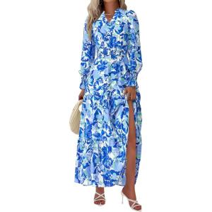 PRETTYGARDEN Women’s Floral Maxi Dress 2026 Fall Long Sleeve V Neck A Line Long Flowy Spring Party Boho Dresses(Floral Blue)