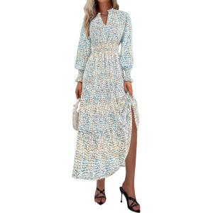 PRETTYGARDEN Women’s Floral Maxi Dress 2026 Fall Long Sleeve V Neck A Line Long Flowy Spring Party Boho Dresses(Floral Blue White)