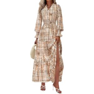 PRETTYGARDEN Women’s Floral Maxi Dress 2026 Fall Long Sleeve V Neck A Line Long Flowy Spring Party Boho Dresses(Floral Khaki)