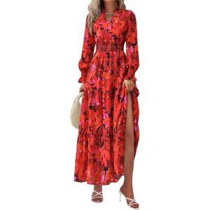 PRETTYGARDEN Women’s Floral Maxi Dress 2026 Fall Long Sleeve V Neck A Line Long Flowy Spring Party Boho Dresses(Floral Red)