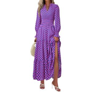 PRETTYGARDEN Women’s Floral Maxi Dress 2026 Fall Long Sleeve V Neck A Line Long Flowy Spring Party Boho Dresses(Plaid Blue Pink)