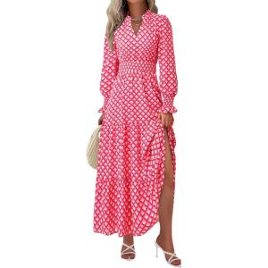 PRETTYGARDEN Women’s Floral Maxi Dress 2026 Fall Long Sleeve V Neck A Line Long Flowy Spring Party Boho Dresses(Plaid Pink)