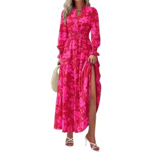PRETTYGARDEN Women’s Floral Maxi Dress 2026 Fall Long Sleeve V Neck A Line Long Flowy Spring Party Boho Dresses(Red Big Floral)