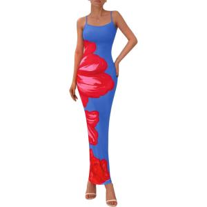 PRETTYGARDEN Womens Floral Maxi Dress Summer 2025 Sexy Spaghetti Strap Slip Bodycon Mesh Beach Vacation Dresses(Sky Blue Red Floral)