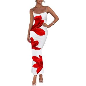 PRETTYGARDEN Womens Floral Maxi Dress Summer 2025 Sexy Spaghetti Strap Slip Bodycon Mesh Beach Vacation Dresses(White)