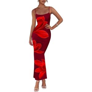 PRETTYGARDEN Womens Floral Maxi Dress Summer 2025 Sexy Spaghetti Strap Slip Bodycon Mesh Beach Vacation Dresses(Wine Red)
