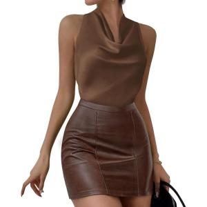 PRETTYGARDEN Women’s Halter Going Out Tops Summer 2026 Cowl Neck Open Back Cami Sleeveless Tank Top Spring Vacation Outfits(Brown)