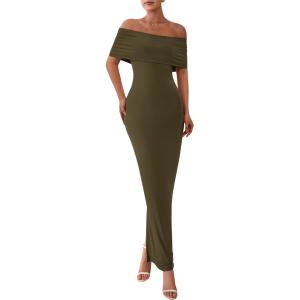 PRETTYGARDEN Women’s Off The Shoulder Maxi Dresses 2025 Summer Formal Elegant Cocktail Party Wedding Guest Long Dress(Army Green)