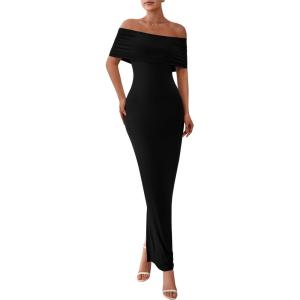 PRETTYGARDEN Women’s Off The Shoulder Maxi Dresses 2025 Summer Formal Elegant Cocktail Party Wedding Guest Long Dress(Black)