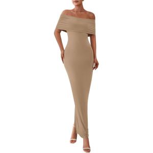 PRETTYGARDEN Women’s Off The Shoulder Maxi Dresses 2025 Summer Formal Elegant Cocktail Party Wedding Guest Long Dress(Light Khaki)